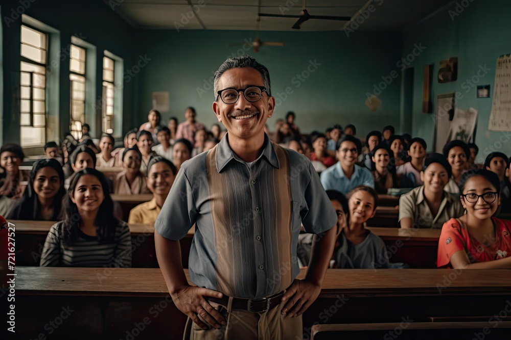 A smiling teacher in front of his students. A smiling teacher in front of his students.
