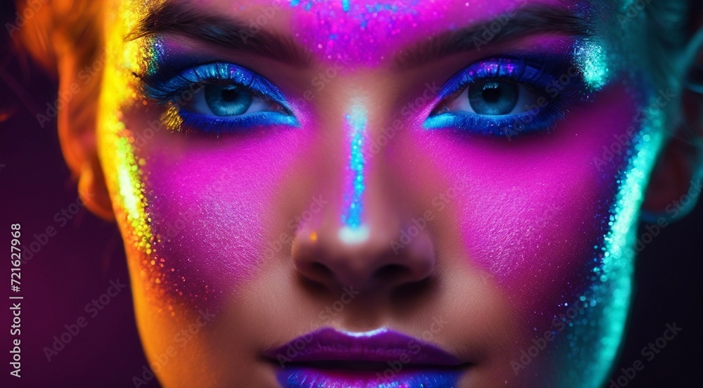 portrait of a woman with creative make up, pretty young woman UV Neon Pigment Makeup Fluorescent colors, dark background, UV makeup