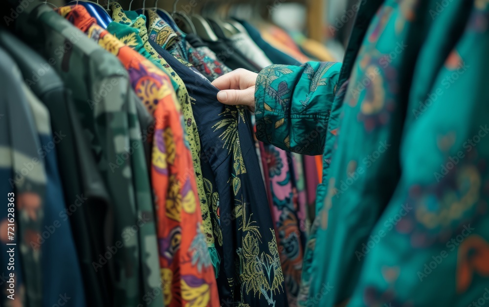 Fototapeta premium A man chooses clothes at a second-hand store. Conservation and care for nature. Reuse and recycling