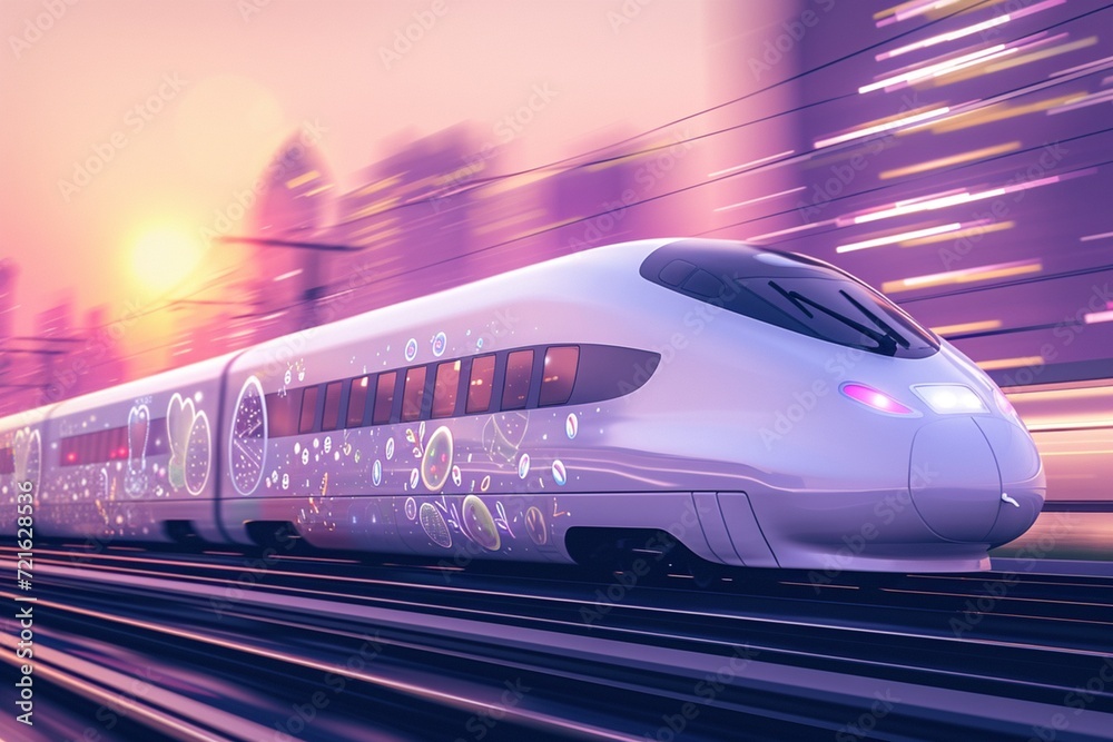 A high-speed bullet train, with a glossy white exterior, races past a blurred backdrop of a vibrant, urban skyline at dusk. The train is subtly embellished with modern Easter designs