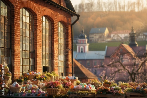 A large, brick-built factory, reminiscent of a bygone era, appears with a blurred background of a quaint, historic town. The factory's windows are lined with cheerful Easter displays