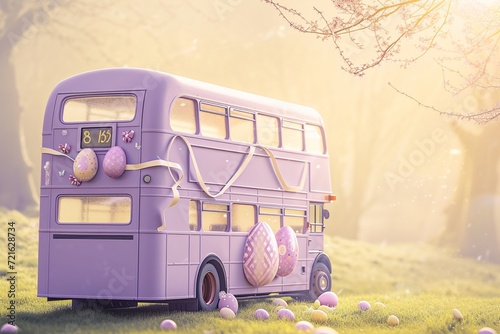 A majestic, double-decker bus, painted in a smooth lavender hue, is set against a softly blurred background of a sprawling, sunlit meadow. The bus is adorned with elegant Easter motifs