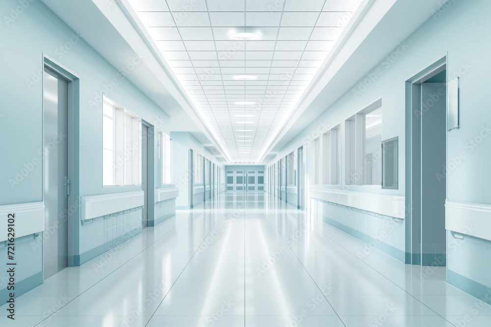 Fototapeta premium Interior of spacious, empty hospital hallway with tranquil atmosphere AI Generative