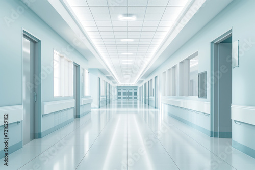 Interior of spacious, empty hospital hallway with tranquil atmosphere AI Generative