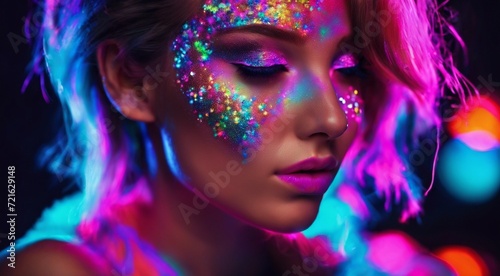 portrait of a woman with creative make up, pretty young woman UV Neon Pigment Makeup Fluorescent colors, dark background, UV makeup