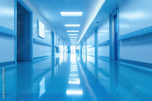 Interior of clinic is surrounded by a spacious, tranquil hospital hallway AI Generative