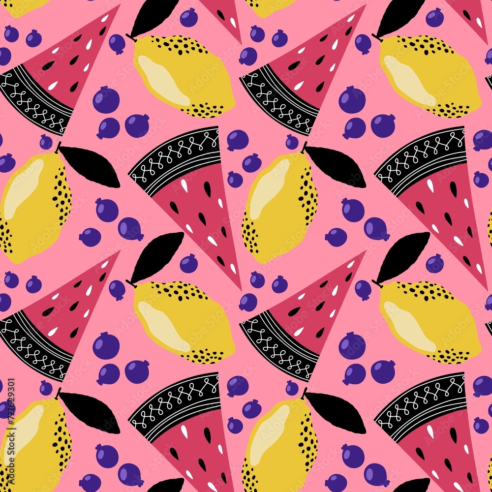 Summer fruit seamless watermelon and lemon pattern for wrapping paper and fabrics and kids print and party