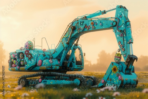 A robust excavator, painted in a unique pastel blue, is set against a softly blurred background of a sprawling, grassy field with wildflowers. The excavator is adorned with playful Easter decorations, photo