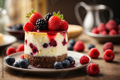 Satisfy your sweet cravings with a luscious cheesecake adorned with vibrant berries. A delightful dessert capturing the essence of indulgence. 