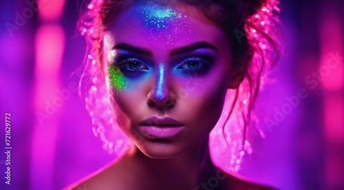 portrait of a woman with creative make up, pretty young woman UV Neon Pigment Makeup Fluorescent colors, dark background, UV makeup