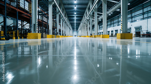 floor with self-levelling white epoxy resin in industrial warehouse