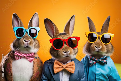 A group of cool Easter bunnies with sunglasses and bow ties.
