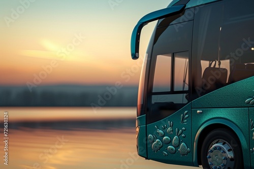 A sleek, modern bus, with a glossy teal exterior, is pictured with a blurred backdrop of a serene lake at dawn. The bus features a sophisticated Easter theme