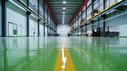 floor with self-levelling green & yellow epoxy resin in industrial warehouse