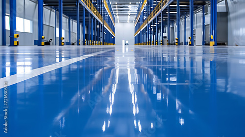 floor with self-levelling blue epoxy resin in industrial warehouse