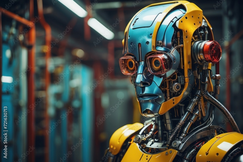 An image of a yellow and metallic robot, with parts of its internal structure visible, lies at rest within a dark industrial environment. An image of a yellow and metallic robot, with parts of its internal structure visible, lies at rest within a dark industrial environment.