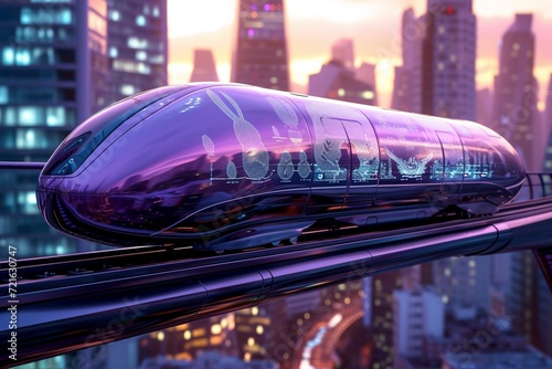 A sleek, monorail train, featuring a striking metallic purple finish, glides above a cityscape with a scrapers. The train's design incorporates elegant, laser-etched Easter patterns