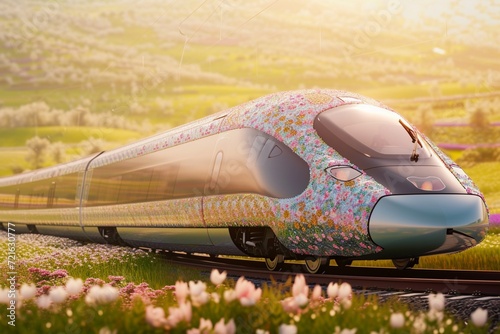 A sleek, modern train, adorned with a sophisticated Easter theme, blurred rolling, flower-filled meadows. The train's exterior is elegantly decorated with a mosaic of pastel-colored Easter eggs
