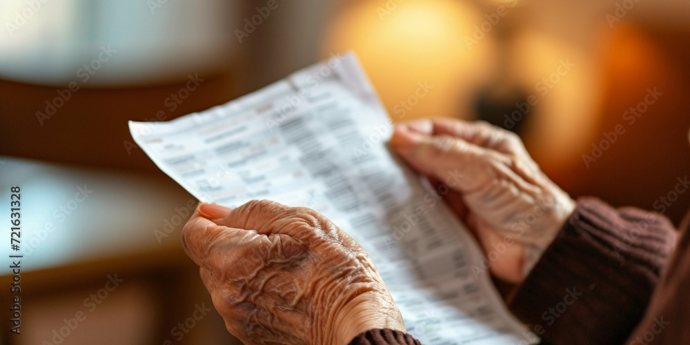 elderly person's hands holding a photorealistic medical bill, with details showing the wrinkles and textures of the skin, and the bill showing clear hospital charges, in a warm, indoor lighting enviro
