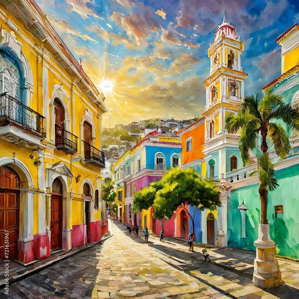 Fototapeta premium Sunlit Serenity: A Vibrant Journey through Old San Juan, Puerto Rico Painting. El Boricua, Puerto Riqueño. Taino.