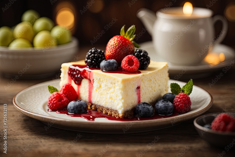 Satisfy your sweet cravings with a luscious cheesecake adorned with vibrant berries. A delightful dessert capturing the essence of indulgence. Satisfy your sweet cravings with a luscious cheesecake adorned with vibrant berries. A delightful dessert capturing the essence of indulgence.