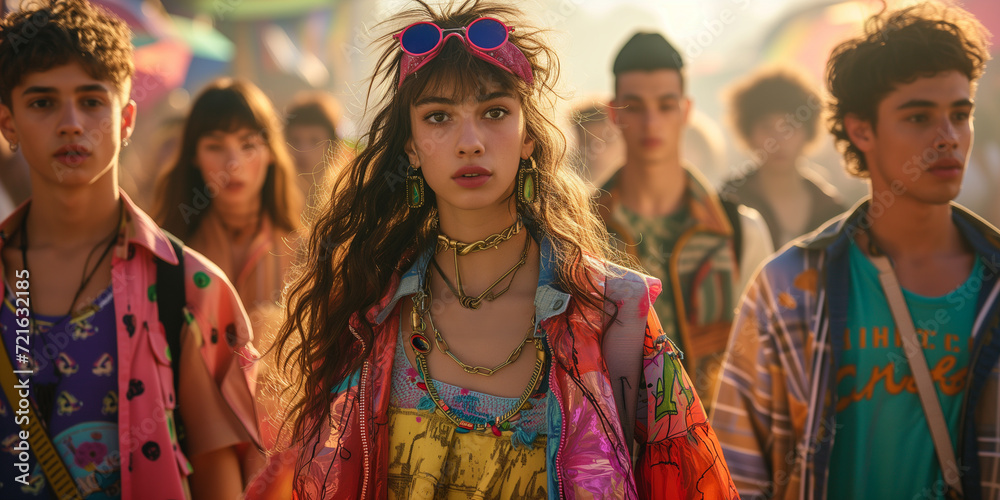 Festival people. Stylish young woman with friends at a music festival during golden hour Festival people. Stylish young woman with friends at a music festival during golden hour