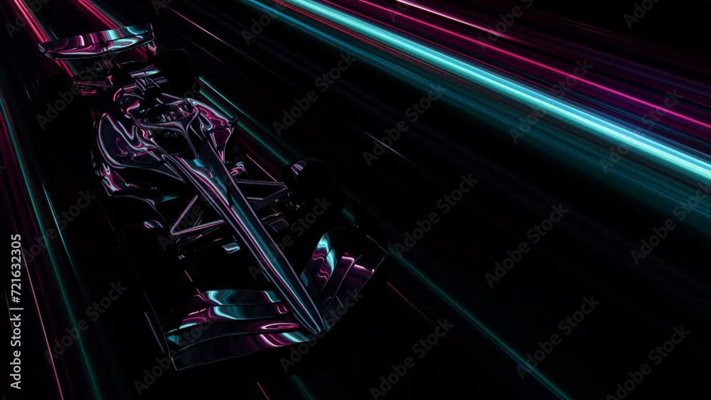 Modern F1 Formula One race car high speed traveling in a futuristic abstract light tunnel, 4k seamless loop