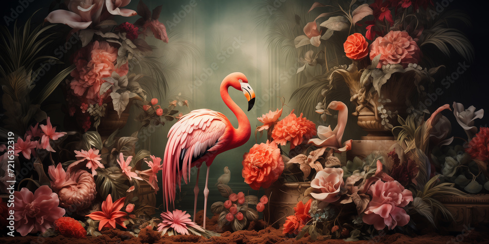 Interior wallpaper. Opulent wallpaper design featuring a flamingo amidst a rich tapestry of florals - obrazy, fototapety, plakaty 