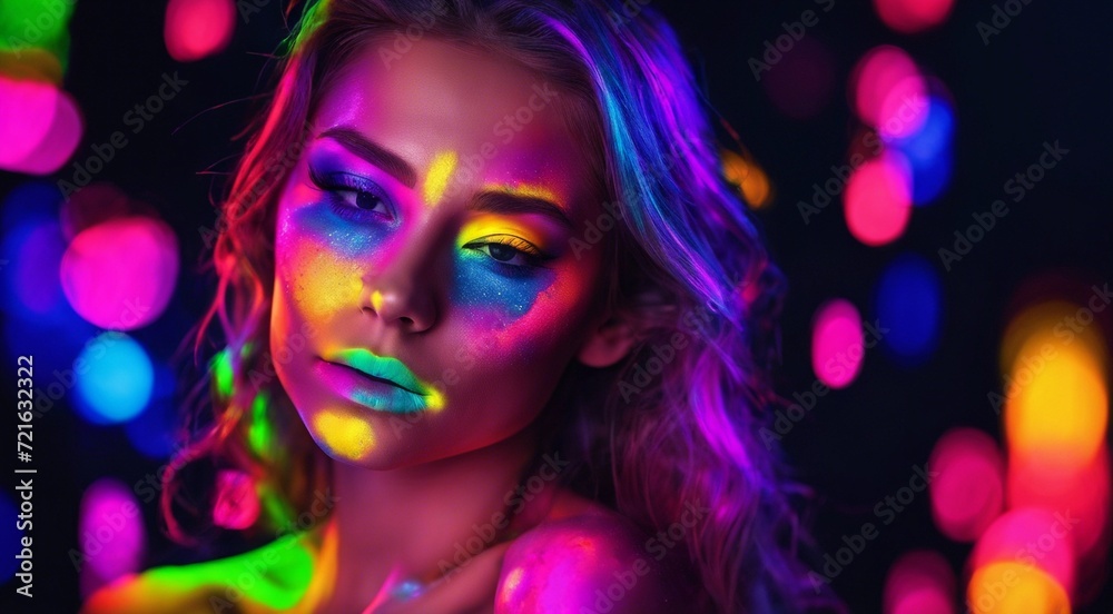 portrait of a woman with creative make up, pretty young woman UV Neon Pigment Makeup Fluorescent colors, dark background, UV makeup