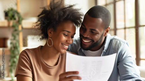 A happy couple reviewing a document. Money savings, tax return, investment, retirement, loan concept