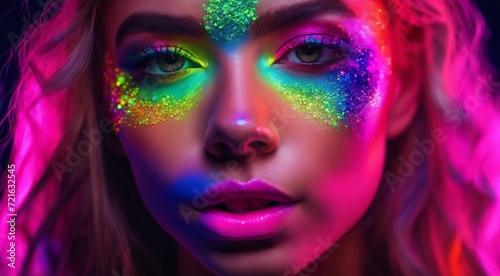 portrait of a woman with creative make up  pretty young woman UV Neon Pigment Makeup Fluorescent colors  dark background  UV makeup