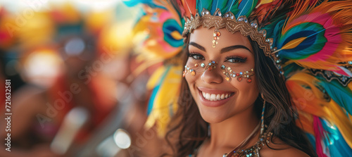 Carnival woman. Gleeful carnival queen with intricate face jewels and a feather headdress © T-elle