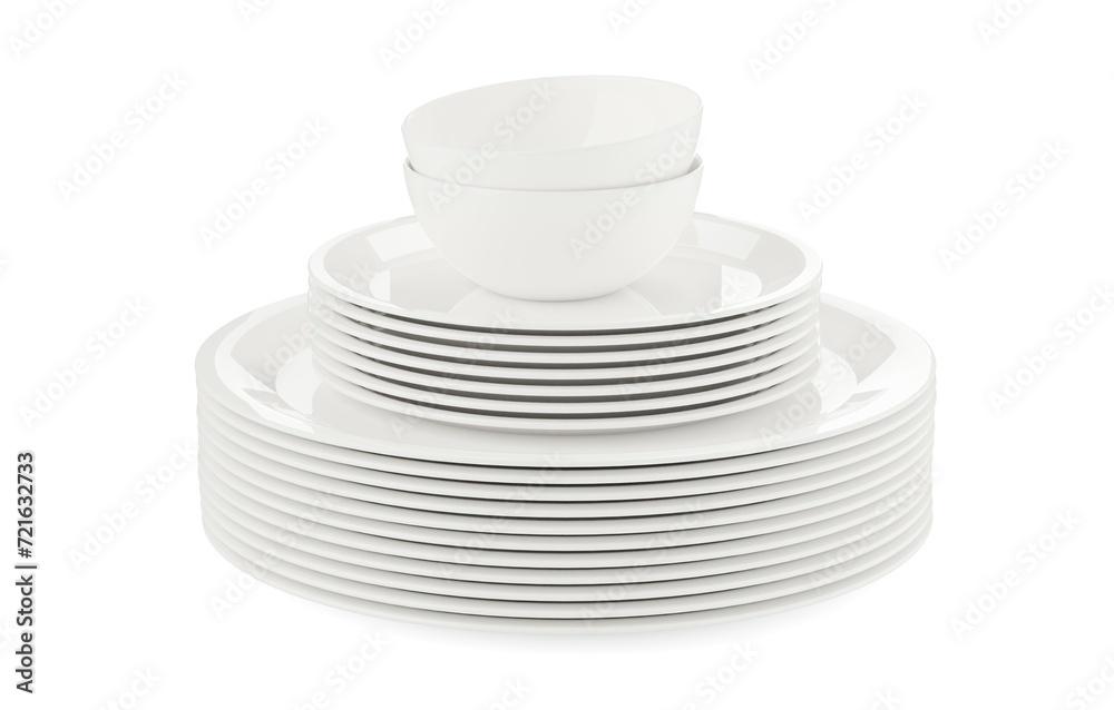 Stack of large empty white porcelain plates with small plates and white bowls on top over white background