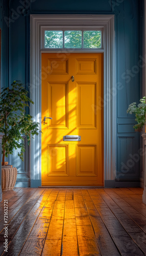 Picture of an elegant yellow door opening on a wooden floor