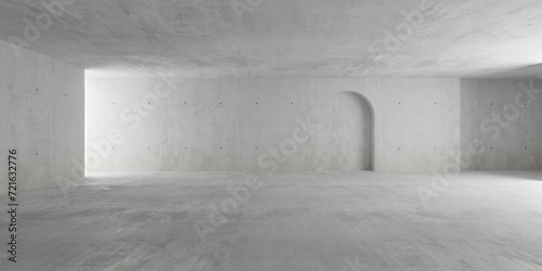 Abstract empty, modern concrete room with rounded recess or niche in the back wall, indirect light and rough floor - industrial interior background template photo