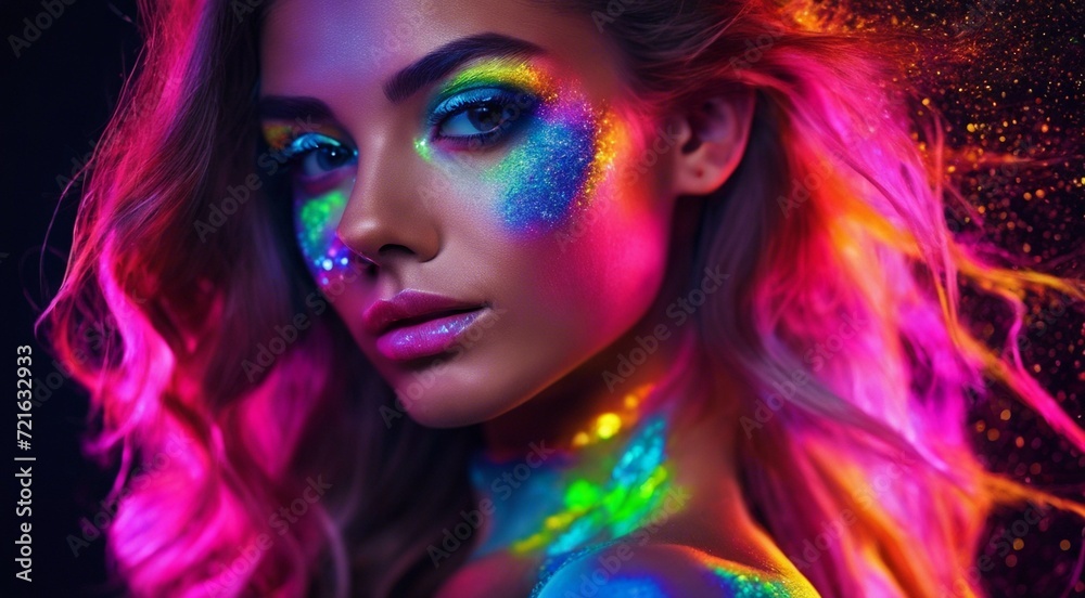 portrait of a woman with creative make up, pretty young woman UV Neon Pigment Makeup Fluorescent colors, dark background, UV makeup