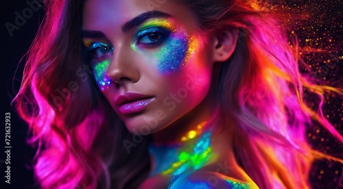 portrait of a woman with creative make up, pretty young woman UV Neon Pigment Makeup Fluorescent colors, dark background, UV makeup © Gegham