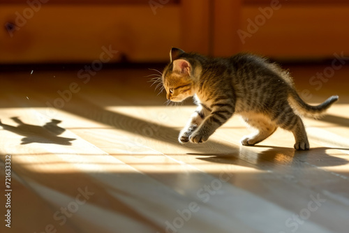 kitten chasing its own shadow and pouncing on it