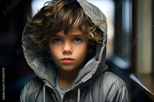 Portrait of a happy little boy in a hood