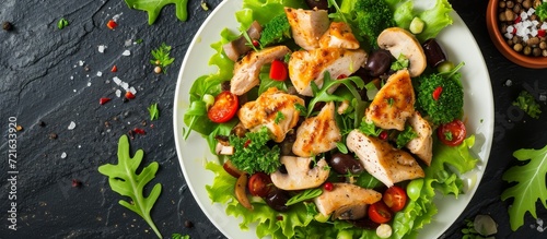 Delicious Chicken Salad Served with Mushrooms, Olives, and More