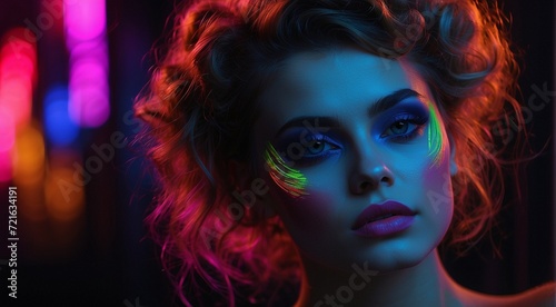 portrait of a woman with creative make up, pretty young woman UV Neon Pigment Makeup Fluorescent colors, dark background, UV makeup © Gegham