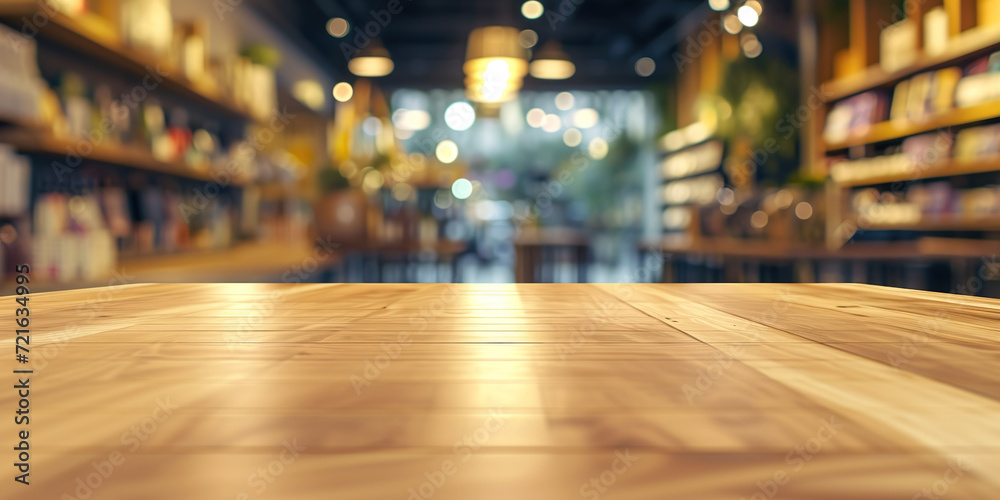 Empty wooden table with blurred department store in background. space for advertising product brand