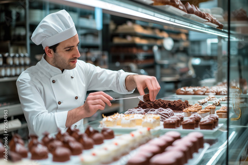 Confectioner s artistry at a pastry display. Baker meticulously arranges an array of gourmet sweets