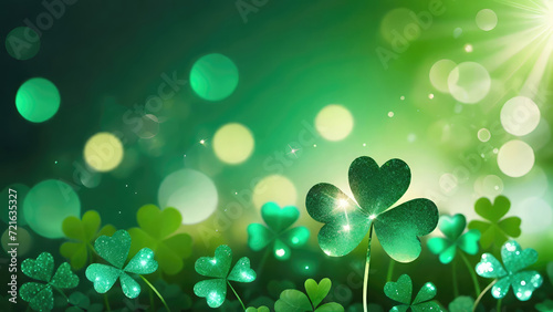 Clover on green bokeh background. St. Patrick's Day banner with copy space.Holiday concept of spring.Generative AI