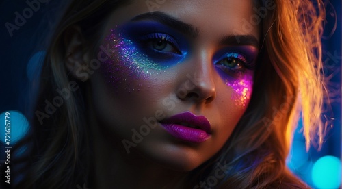 portrait of a woman with creative make up, pretty young woman UV Neon Pigment Makeup Fluorescent colors, dark background, UV makeup