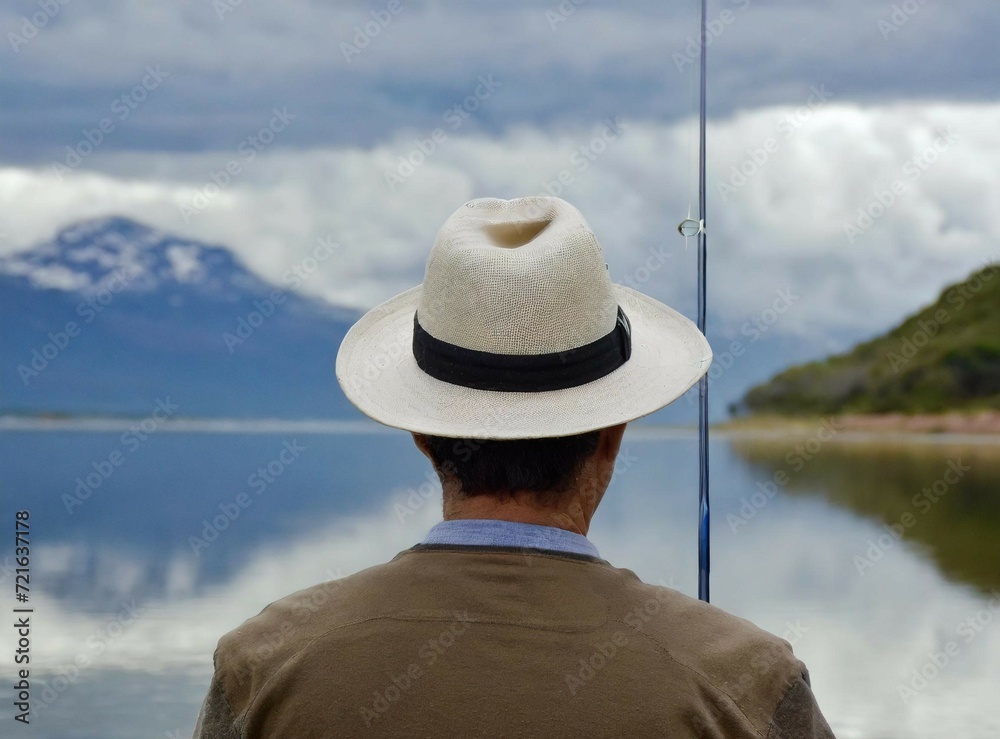 Man fishing at the river on a cloudy day Man fishing at the river on a cloudy day