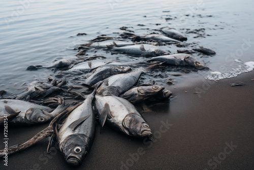 A somber view of numerous dead fish washed up along a beach, representing a significant die-off event with clear environmental implications.