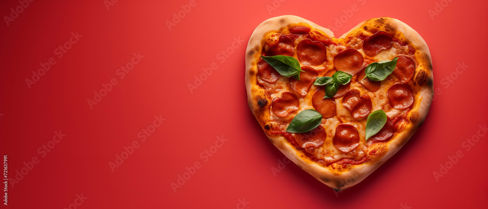Fototapeta premium a pizza shaped as a heart on a clear red pastel, Heart shaped pizza background for valentines days / national pizza day