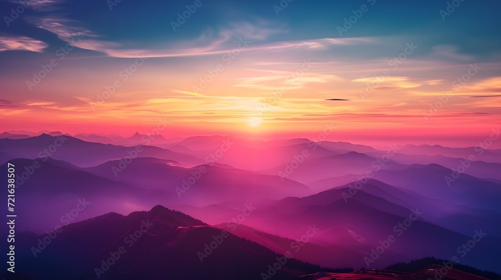 breathtaking sunset over a picturesque mountain range, casting vibrant hues of orange, pink, and purple across the sky