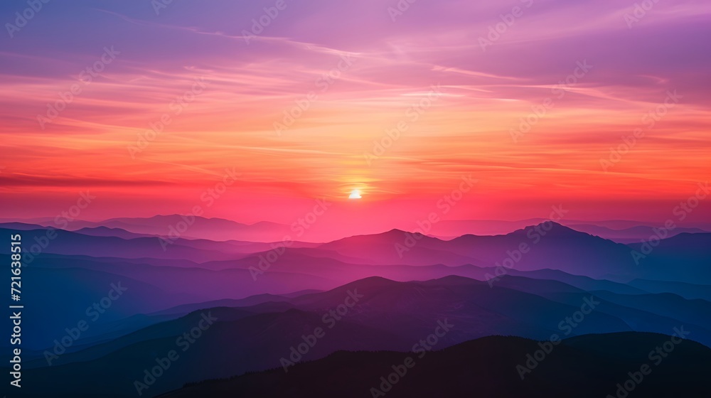 breathtaking sunset over a picturesque mountain range, casting vibrant hues of orange, pink, and purple across the sky